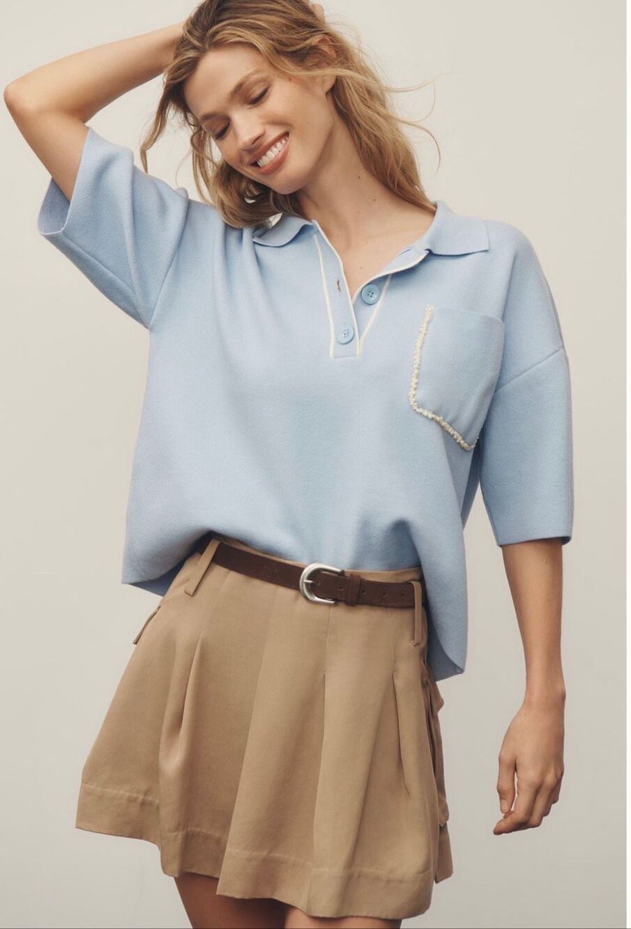 Maeve L Anthropologie Eliott Embellished Pocket Polo Shirt Light Blue Oversized
